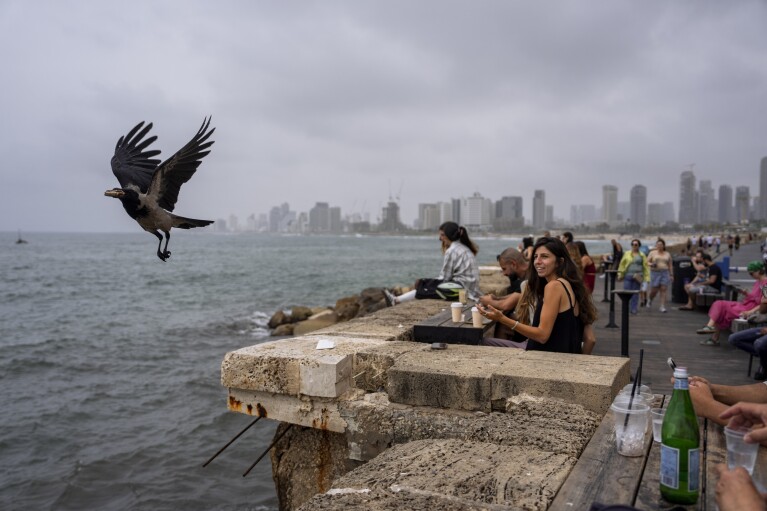 FILE - People sit in a bar overlooking the Mediterranean Sea at the old port of Jaffa, a mixed Jewish-Arab part of Tel Aviv, Israel, on April 26, 2024. (AP Photo/Oded Balilty, File)