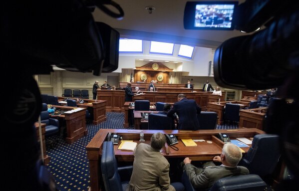 
              Lawmakers debate a ban on nearly all abortions in the senate chamber in the Alabama State House in Montgomery, Ala., on Tuesday, May 14, 2019. The legislation would make performing an abortion a felony at any stage of pregnancy with almost no exceptions. (Mickey Welsh/The Montgomery Advertiser via AP)
            