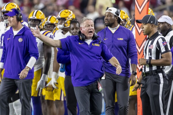 LSU head coach Brian Kelly argues a call during the first half of an NCAA college football game against Alabama, Saturday, Nov. 4, 2023, in Tuscaloosa, Ala. (AP Photo/Vasha Hunt)