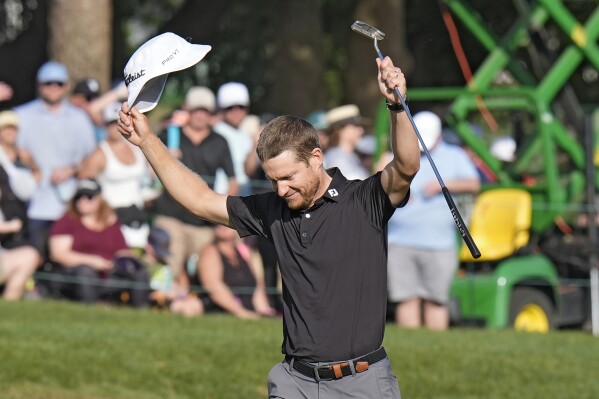Peter Malnati reacts as he wins the Valspar Championship golf tournament Sunday, March 24, 2024, at Innisbrook in Palm Harbor, Fla. (AP Photo/Chris O'Meara)