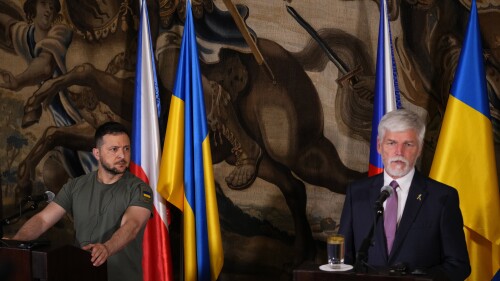 Czech Republic's President Petr Pavel, right and Ukrainian President Volodymyr Zelenskyy attend a joint press conference at the Prague Castle in Prague, Czech Republic, Thursday, July 6, 2023. (AP Photo/Petr David Josek)