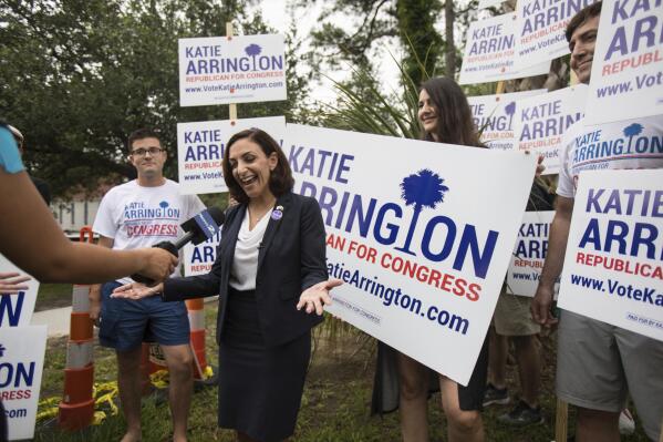 FILE - South Carolina Rep.Katie Arrington campaigns after voting for herself in the primary election, June 12, 2018 at Bethany United Methodist Church in Summerville, S.C. Arrington, the Republican who ousted Mark Sanford from Congress in 2018, is now mounting a primary effort to unseat Rep. Nancy Mace, a contest that showcases the role that former President Donald Trump is hoping to play in congressional races across the country. On Tuesday, Feb. 8, 2022 Arrington officially launched her primary challenge to Mace, a first-term member representing South Carolina's southern coast. (Kathryn Ziesig/The Post And Courier via AP)