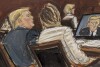 Neste esboço do tribunal, quinta-feira, 25 de janeiro de 2024, Donald Trump e seu advogado assistem ao vídeo de seu depoimento, apresentado antes do descanso da defesa, no Tribunal Federal de Nova York.  (Elizabeth Williams via AP)