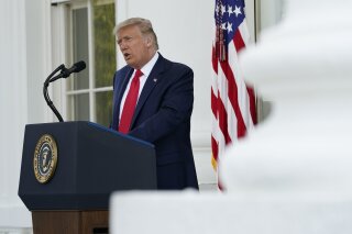 President Donald Trump speaks during a news conference on the North Portico of the White House, Monday, Sept. 7, 2020, in Washington. (AP Photo/Patrick Semansky)