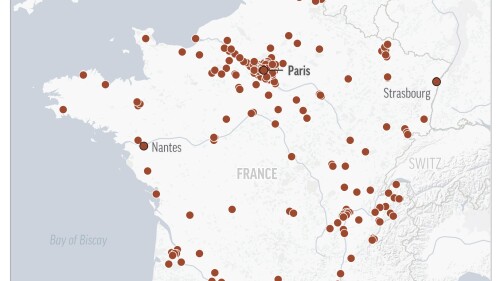 The Associated Press confirmed rioting or other unrest broke out in nearly 300 locations in France following the June 27 police shooting of a teen driver in a Paris suburb. (AP Graphic)