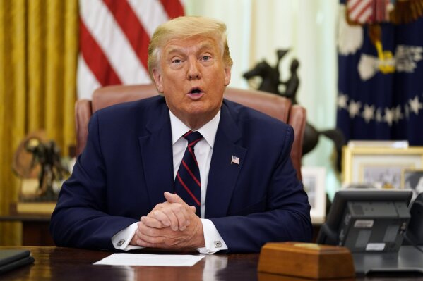 President Donald Trump speaks before participating in a signing ceremony with Serbian President Aleksandar Vucic and Kosovar Prime Minister Avdullah Hoti in the Oval Office of the White House, Frid...