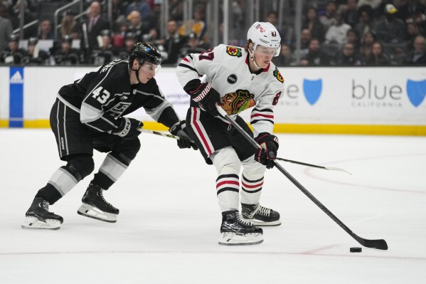 Chicago Blackhawks left wing Lukas Reichel (27) controls the puck against Los Angeles Kings defenseman Jacob Moverare (43) during the first period of an NHL hockey game Thursday, April 18, 2024, in Los Angeles. (AP Photo/Ashley Landis)