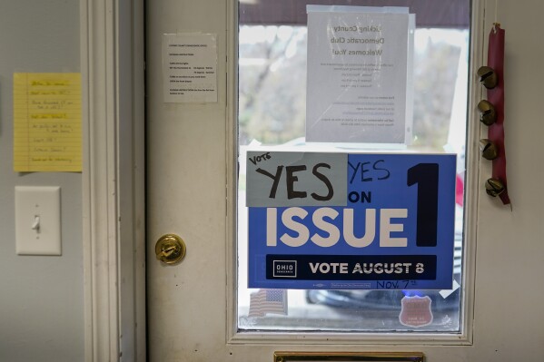 A sign urging a vote for a constitutional amendment seeking to protect abortion rights in Ohio is taped to the door of Licking County Democratic Party headquarters in Newark, Ohio, Tuesday, Oct. 31, 2023. (AP Photo/Carolyn Kaster)