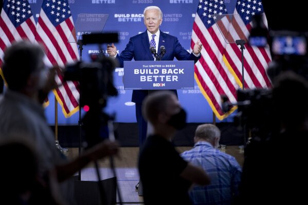 Democratic presidential candidate former Vice President Joe Biden speaks at a campaign event at the William "Hicks" Anderson Community Center in Wilmington, Del., Tuesday, July 28, 2020.(AP Photo/Andrew Harnik)
