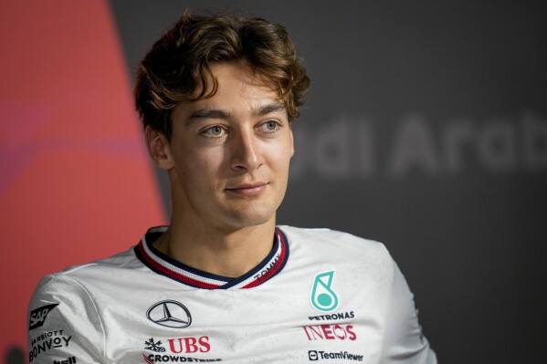 Mercedes driver George Russell of Britain attends a news conference ahead of the Formula One Saudi Arabian Grand Prix at the Jeddah Corniche Circuit in Jeddah, Saudi Arabia, Wednesday, March 6, 2024. Saudi Arabian Grand Prix will be held on Saturday, March 9, 2024. (AP Photo/Darko Bandic)