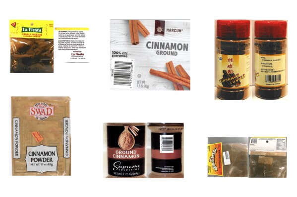 This combination of photos provided by the U.S. Food and Drug Administration on Wednesday, March 6, 2024 shows cinnamon products sold in U.S. discount stores which contain elevated levels of lead. Top row from left are distributed by La Fiesta Food Products of La Miranda, Calif.; Moran Foods, LLC of Saint Ann, Mo., and MTCI of Santa Fe Springs, Calif. Bottom row from left are from Raja Foods LLC of Skokie, Ill.; Greenbriar International, Inc. of Chesapeake, Va., and El Chilar of Apopka, Fla. (FDA via AP)