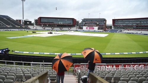 General view of weather affected Old Trafford stadium before the fourth day of the fourth Ashes Test match between England and Australia at Old Trafford, Manchester, England, Saturday, July 22, 2023. (AP Photo/Rui Vieira)