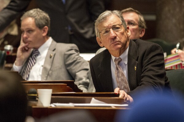 Republican Sen. Frank Niceley of Strawberry Plains, right, listens to proceedings on the Senate floor in Nashville, Tenn., on April 4, 2013. (AP Photo/Erik Schelzig, File)