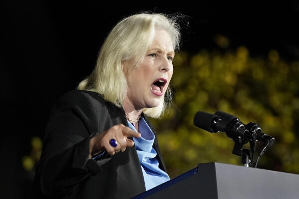 FILE - Sen. Kirsten Gillibrand, D-N.Y., speaks at a campaign event for New York Gov. Kathy Hochul, Nov. 6, 2022, at Sarah Lawrence College in Yonkers, N.Y. Gillibrand has kicked off her reelection campaign. The 56-year-old sent out an email to supporters on Thursday announcing her 2024 bid. Gillibrand has served as New York’s junior senator since 2009. (AP Photo/Patrick Semansky, File)