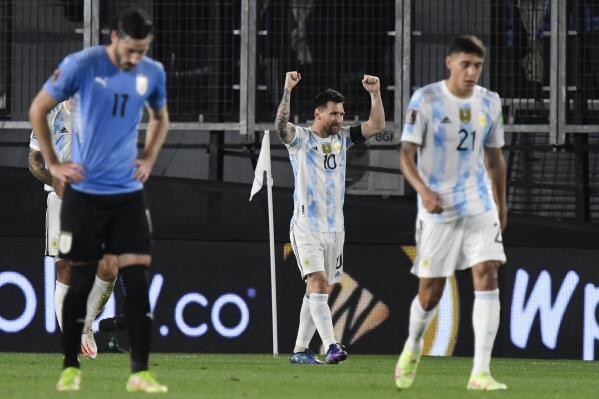 Argentina's Lionel Messi celebrates scoring the opening goal against Uruguay during a qualifying soccer match for the FIFA World Cup Qatar 2022 in Buenos Aires, Argentina, Sunday, Oct. 10, 2021. (AP Photo/Gustavo Garello)