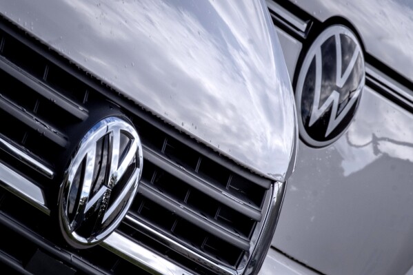 The logos of Volkswagen cars are pictured in Frankfurt, Germany, Sept. 13, 2024. (AP Photo/Michael Probst, File)