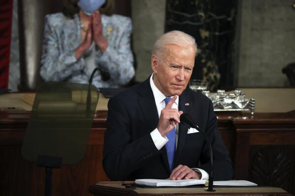 President Joe Biden addresses a joint session of Congress, Wednesday, April 28, 2021, in the House Chamber at the U.S. Capitol in Washington. (Chip Somodevilla/Pool via AP)