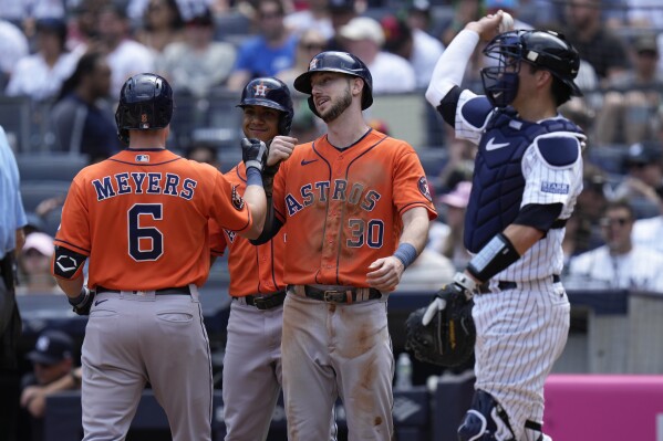 Astros rookie outfielders Jake Meyers and Chas McCormick share an