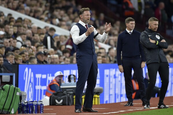 FILE - Then-Southampton's manager Ralph Hasenhuttl reacts during the English Premier League soccer match between Aston Villa and Southampton at Villa Park in Birmingham, England, Friday, Sept. 16, 2022. Wolfsburg fired coach Niko Kovac on Sunday, March 17, 2024, after a three-month winless run left the team 14th in the 18-team Bundesliga. Former Southampton soccer coach Ralph Hasenhuttl has been named the new coach at Wolfsburg. (AP Photo/Rui Vieira, File)