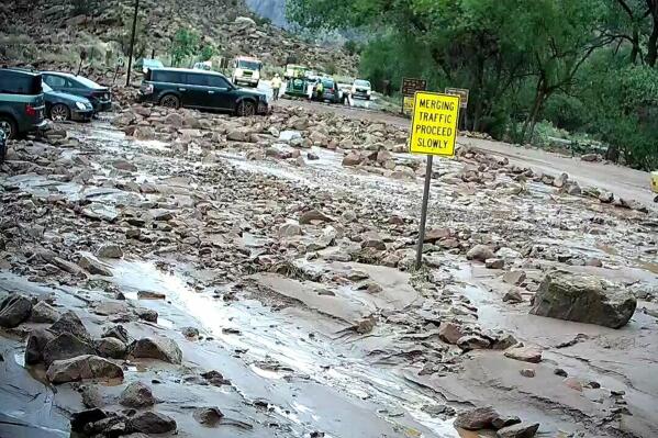 FILE - This photo provided by the National Park Service shows the scene after a flash flood in Zion National Park in Utah on June 30, 2021. Authorities have been searching for days for Jetal Agnihotri, 29, of Tucson, Ariz., reported missing after being swept away by floodwaters in the park as strong seasonal rain storms hit parts of the U.S. Southwest. (National Park Service via AP, File)