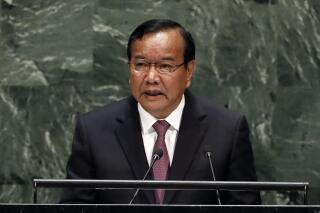 FILE - Cambodia's Deputy Prime Minister and Foreign Minister Prak Sokhonn addresses the 74th session of the United Nations General Assembly, Saturday, Sept. 28, 2019. Cambodia's Prime Minister Hun Sen said Wednesday, Dec. 15, 2021, that he will appoint Prak Sokhonn to be the Association of Southeast Asian Nations’ special envoy to Myanmar. (AP Photo/Richard Drew, File)