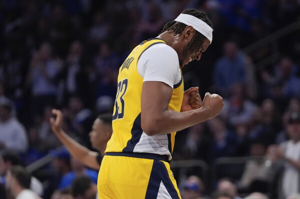 Indiana Pacers' Myles Turner reacts after missing a dunk during the second half of Game 1 in an NBA basketball second-round playoff series against the New York Knicks, Monday, May 6, 2024, in New York. The Knicks won 121-117. (AP Photo/Frank Franklin II)