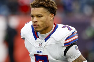 FILE - Buffalo Bills cornerback Taron Johnson looks on after an NFL football game against the New England Patriots, Oct. 22, 2023, in Foxborough, Mass. The Bills locked up Johnson through the 2027 season by signing the him to a three-year contract extension Monday. March 18, 2024. (AP Photo/Greg M. Cooper, File)