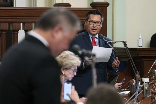 FILE - Assemblyman Vince Fong, R-Bakersfield, right, speaks at the Capitol in Sacramento, Calif., Tuesday, June 27, 2023. On Tuesday, March 19, 2024, Fong, a legislator backed by former President Donald Trump and a sheriff who promises to harden the nation’s porous borders will face off in a special U.S. House election. (AP Photo/Rich Pedroncelli, File)