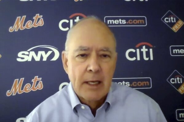 This photo from a Zoom press conference shows New York Mets President Sandy Alderson, Tuesday, Nov. 10, 2020. Alderson returned as team president Friday when Steve Cohen bought the Mets from the Wilpon and Katz families. (New York Mets via AP)