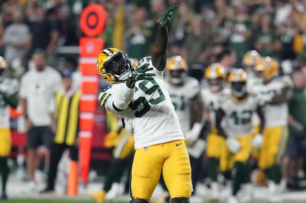 Green Bay Packers inside linebacker De'Vondre Campbell (59) celebrates his sack against the Arizona Cardinalsduring the first half of an NFL football game, Thursday, Oct. 28, 2021, in Glendale, Ariz. (AP Photo/Ross D. Franklin)