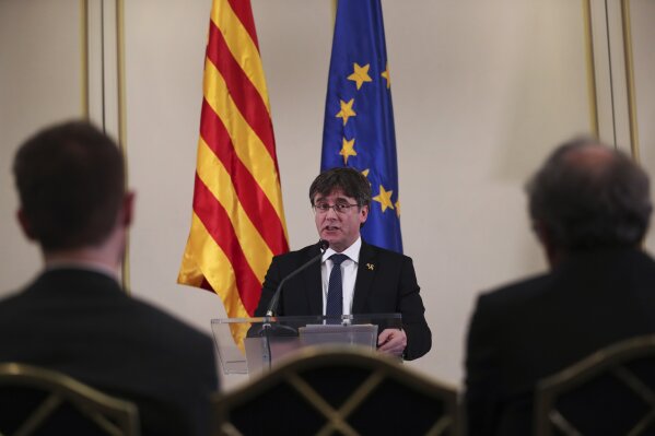 
              FILE - In this Feb. 18, 2019 file photo, Catalonia's former regional president. Carles Puigdemont, addresses a conference in Brussels. Spanish political party officials said on Monday, April 29, 2019, that Spain's Electoral Board has ruled that Puigdemont and two other Catalan separatists who fled abroad to escape arrest can’t stand as candidates in next month's European Parliament elections. (AP Photo/Francisco Seco, File)
            