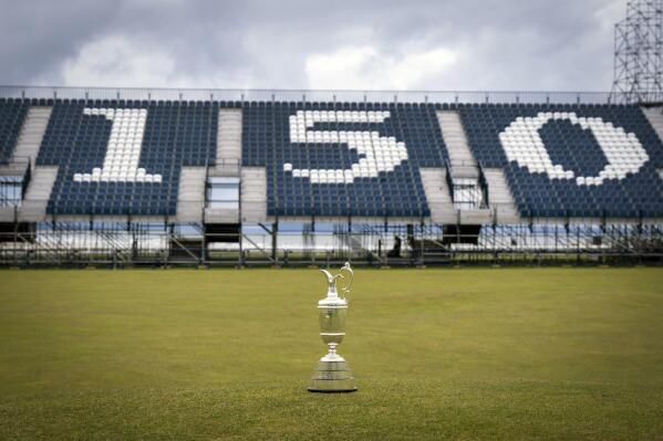 FILE - A general view of the Open Championship trophy, The Claret Jug, pictured on the 18th hole during The Open Media Day at St Andrews, Scotland, April 26, 2022. The Open Championship returns to the home of golf on July 14-17 to celebrate the 150th edition of the sport's oldest championship, which dates to 1860 and was first played at St. Andrews in 1873. This will be the 30th time it's on the Old Course, the most of any links on the rotation. (Jane Barlow/PA via AP, file)