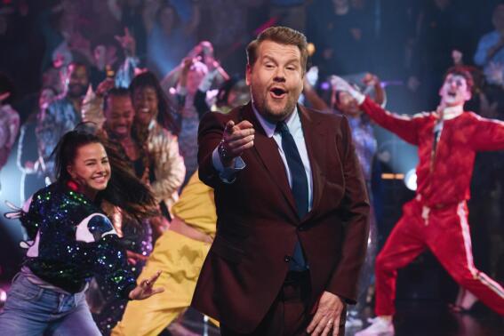 This image released by CBS shows James Corden on the set of "The Late Late Show," which aired Thursday, April 27, 2023. (Terence Patrick/CBS via AP)