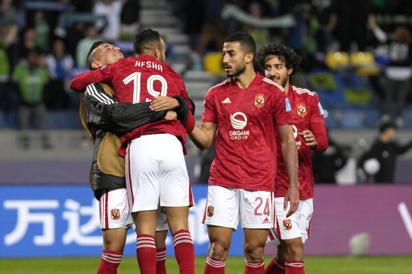 Al Ahly players celebrate after Al Ahly's Mohamed Afsha scored his side's opening goal during the FIFA Club World Cup soccer match between Seattle Sounders FC and Al Ahly FC in Tangier, Morocco, Saturday, Feb. 4, 2023. (AP Photo/Mosa'ab Elshamy)