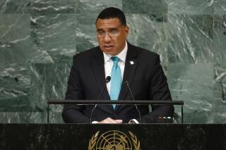 FILE - Prime Minister of Jamaica Andrew Holness addresses the 77th session of the United Nations General Assembly at U.N. headquarters, Sept. 22, 2022. Holness said on Jan. 31, 2023 that his government is willing to send soldiers and police officers to Haiti as part of a proposed multinational security assistance deployment. (AP Photo/Jason DeCrow, File)