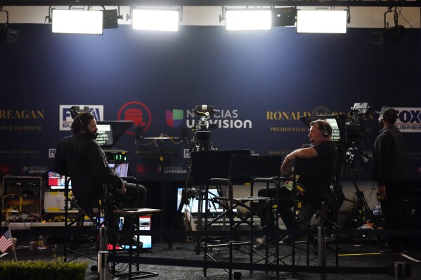 An interview stage is set up for post-debate interviews before a Republican presidential primary debate hosted by FOX Business Network and Univision, Wednesday, Sept. 27, 2023, at the Ronald Reagan Presidential Library in Simi Valley, Calif. (AP Photo/Marcio Jose Sanchez)