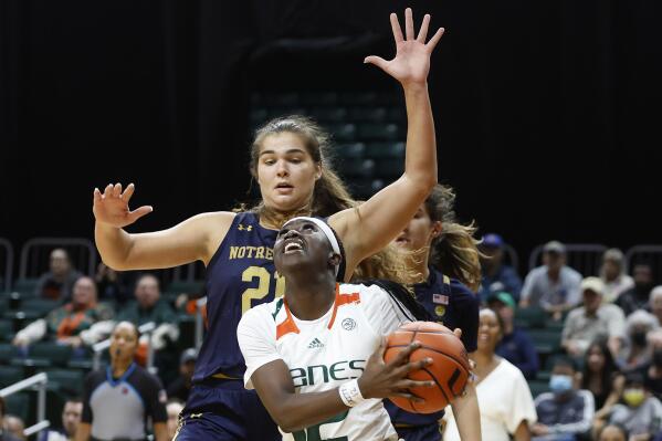 Notre Dame forward Maddy Westbeld, top, defends against Miami guard Ja'Leah Williams, bottom, during the first half of an NCAA college basketball game, Thursday, Dec. 29, 2022, in Coral Gables, Fla. (AP Photo/Rhona Wise)