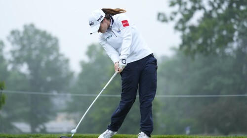 Leona Maguire, of Ireland, tees off on the 13th hole during the second round of the Women's PGA Championship golf tournament, Friday, June 23, 2023, in Springfield, N.J. (AP Photo/Matt Rourke)