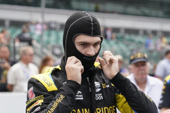 FILE - Colton Herta prepares to drive during qualifications for the Indianapolis 500 auto race at Indianapolis Motor Speedway on May 21, 2022, in Indianapolis. AlphaTauri is awaiting a decision from the FIA on Herta's eligibility to compete in Formula One next season, and it said Saturday, Sept. 10, 2022, that the delay is affecting the team's planning for its 2023 lineup. (AP Photo/Darron Cummings, File)