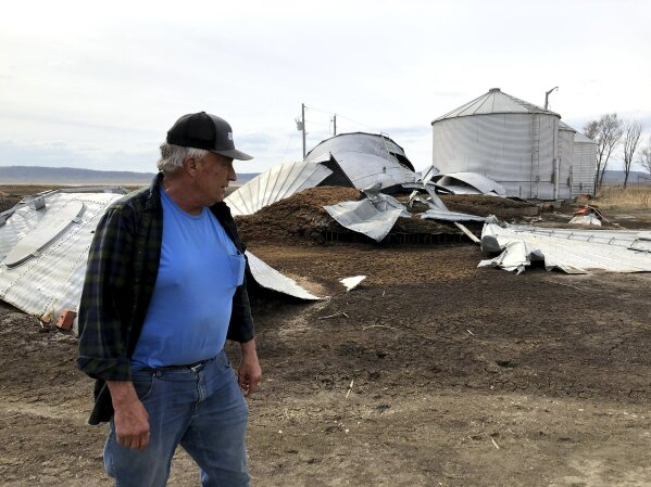 This photo taken March 12, 2020, near Rock Port, Missouri, shows tenant farmer Phil Graves examining grain storage bins that were destroyed in a 2019 flood. Some of the land where Graves grows corn has been offered for sale to provide room for a levee to be rerouted so the Missouri River can roam more widely. Levee setbacks are among measures being taken in the U.S. heartland to control floods in ways that work with nature instead of trying to dominate it with concrete infrastructure. Graves says he'd prefer to keep cultivating the parcel but understands why the setback is needed. (AP Photo/John Flesher)
