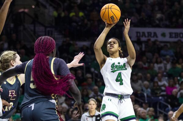 Notre Dame's Cassandre Prosper (4) shoots during the first half of an NCAA college basketball game against Boston College, Sunday, Jan. 1, 2023 in South Bend, Ind. (AP Photo/Michael Caterina)
