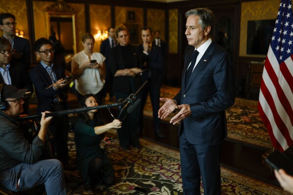 U.S. Secretary of State Antony Blinken speaks to the media after participating in the so-called 