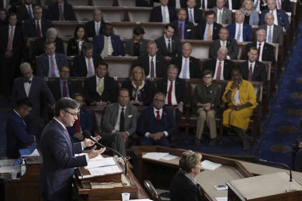 FILE - House Speaker-elect Rep. Mike Johnson, R-La., addresses members of Congress at the Capitol in Washington, Oct. 25, 2023. Congressional leaders have reached an agreement on topline spending levels for the current fiscal year 2024 that could help avoid a partial government shutdown later this month. Funding is set to lapse Jan. 19 for some agencies and Feb. 2 for others. (AP Photo/J. Scott Applewhite, File)