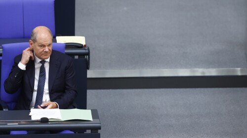 German Chancellor Olaf Scholz attends a meeting of the German federal parliament, Bundestag, at the Reichstag building in Berlin, Germany, Wednesday, July 5, 2023. (AP Photo/Michele Tantussi)