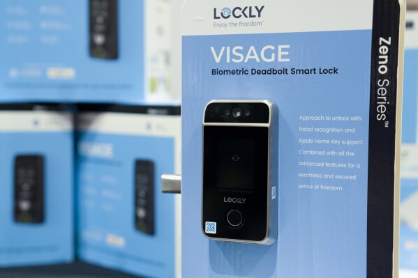 The Lockly Visage facial recognition smart lock is on display at Pepcom ahead of the CES tech show Monday, Jan. 8, 2024, in Las Vegas. (AP Photo/John Locher)