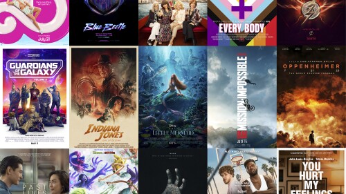 This combination of photos shows promotional art for films, top row from left, "Barbie," "Blue Beetle," "Book Club: The Next Chapter," "Every Body," "The Flash," second row from left, "Guardians of the Galaxy, Volume 3," "Indiana Jones and the Dial of Destiny," "The Little Mermaid," "Mission: Impossible - Dead Reckoning Part I," "Oppenheimer," bottom row from left, "Past Lives," "Ruby Gillman, Teenage Kraken," "Talk To Me," "White Men Can't Jump," and "You Hurt My Feelings." (Warner Bros., Warner Bros., Focus Features, Focus Features, Warner Bros., Marvel Studios, LucasFilms, Disney, Paramount, Universal, A24, Universal, A24, 20th Century Studios and A24 via AP)