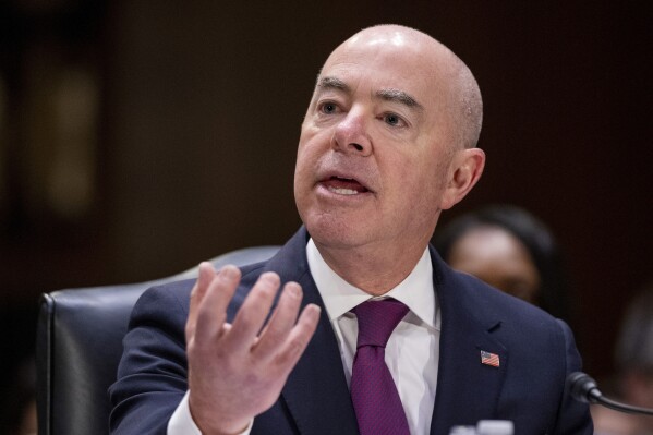 FILE - Homeland Security Secretary Alejandro Mayorkas testifies during a hearing of the Senate Appropriations Committee on Capitol Hill, Nov. 8, 2023, in Washington. But the chamber is expected to spend far less time on the impending trial of Mayorkas than for former President Donald Trump's two trials, or maybe no time at all. The Republican-controlled House impeached Mayorkas Feb. 13, 2024, over the Biden administration's handling of the U.S.-Mexico border. But two thirds of the Senate would be needed to convict Mayorkas, and no Democrats have signaled openness to voting to remove him from office. (AP Photo/Alex Brandon, File)