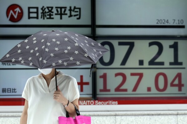 A person walks in front of an electronic stock board showing Japan's Nikkei index at a securities firm Wednesday, July 10, 2024, in Tokyo. (ĢӰԺ Photo/Eugene Hoshiko)