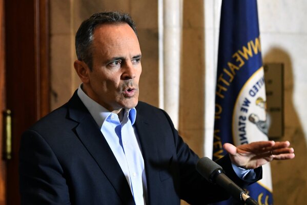 Republican Kentucky Governor Matt Bevin speaks with reporters as he conceded the gubernatorial race to democrat Andy Beshear in Frankfort, Ky., Thursday, Nov. 14, 2019. (AP Photo/Timothy D. Easley)