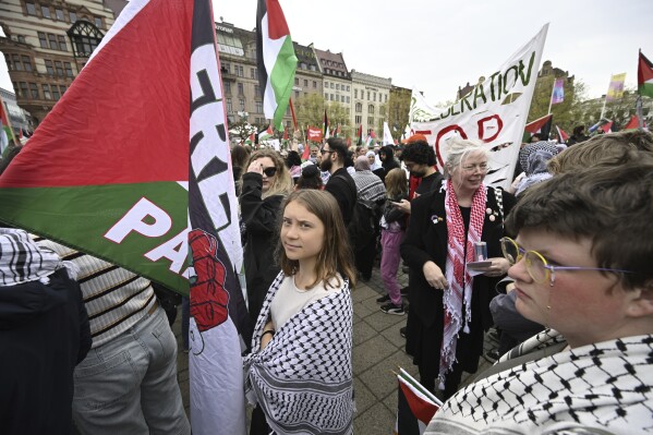 Climate activist Greta Thunberg takes part in a Stop Israel demonstration, between Stortorget and Mölleplatsen in Malmö, Sweden, Thursday, May 9, 2024. (Johan Nilsson/TT News Agency via AP)